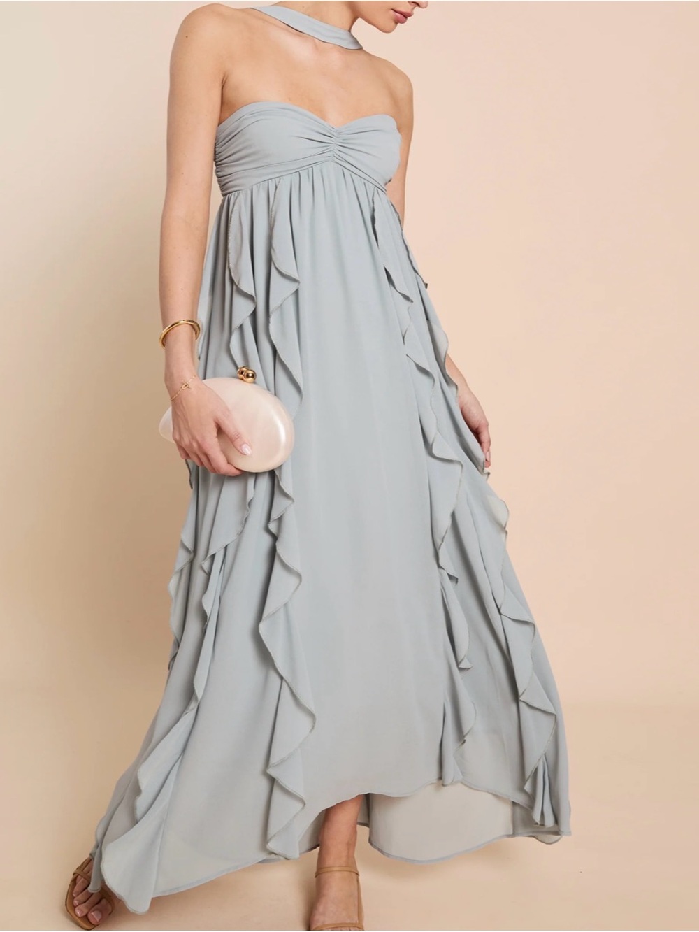 Strapless Ruffle Maxi Dress in Light Blue